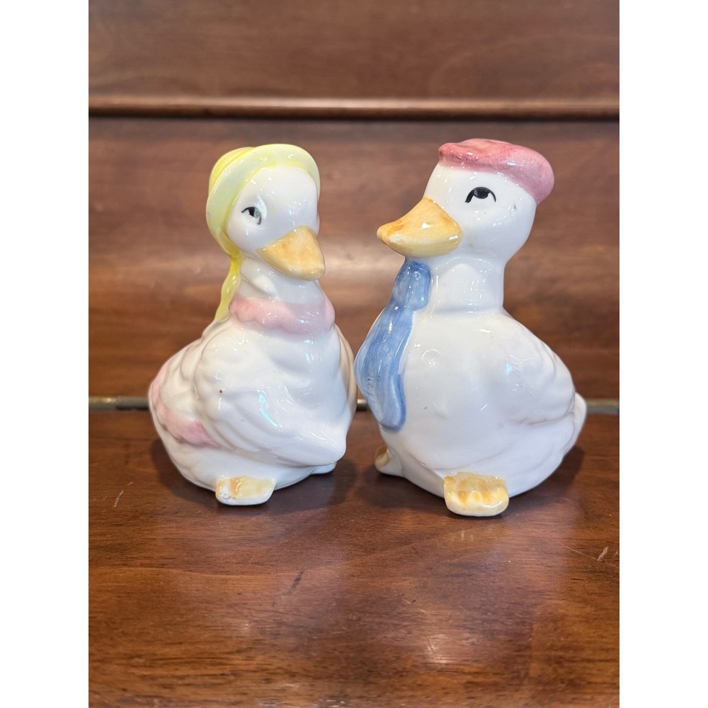 Vintage Ceramic Duck Salt and Pepper Shakers Set Pink Blue Yellow Farmhouse